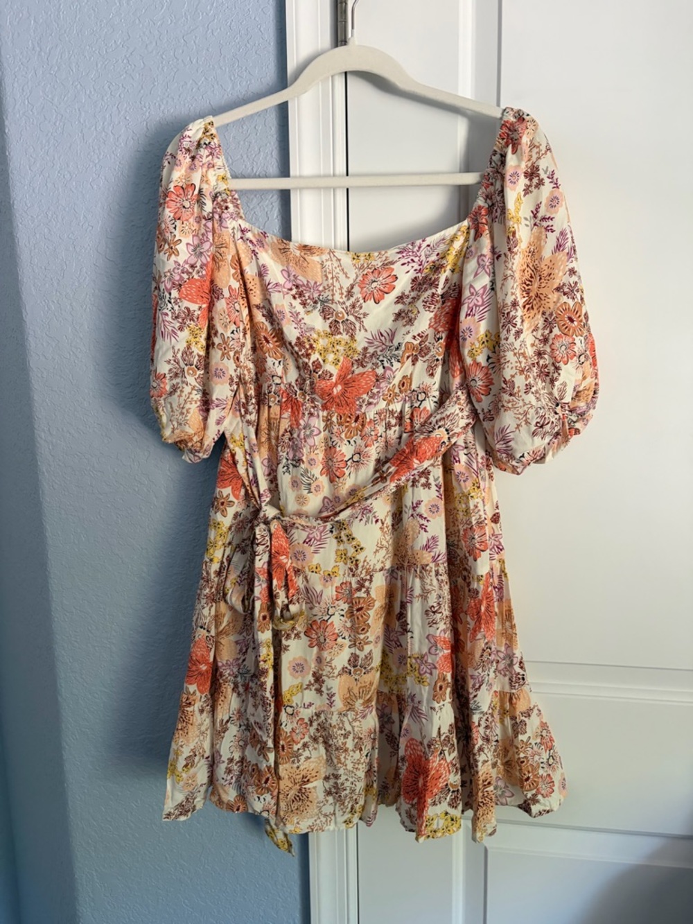 Floral Puff-Sleeve Mini Dress in Cream with Orange and Pink Print